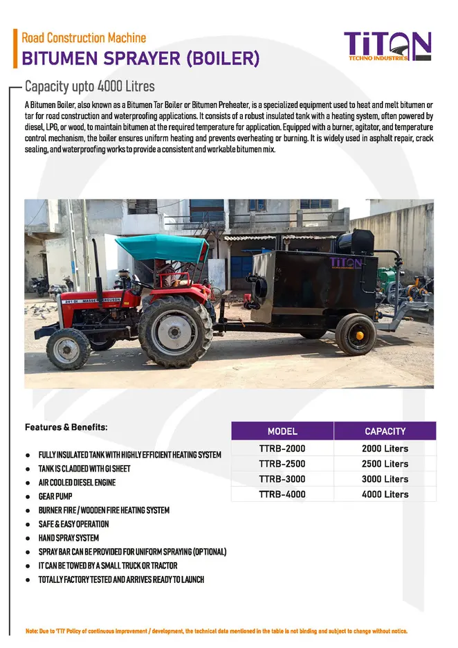 Catalogue sheet for a bitumen sprayer and boiler towed by a tractor