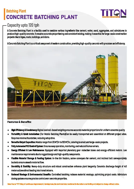 Catalogue sheet for a concrete batching plant