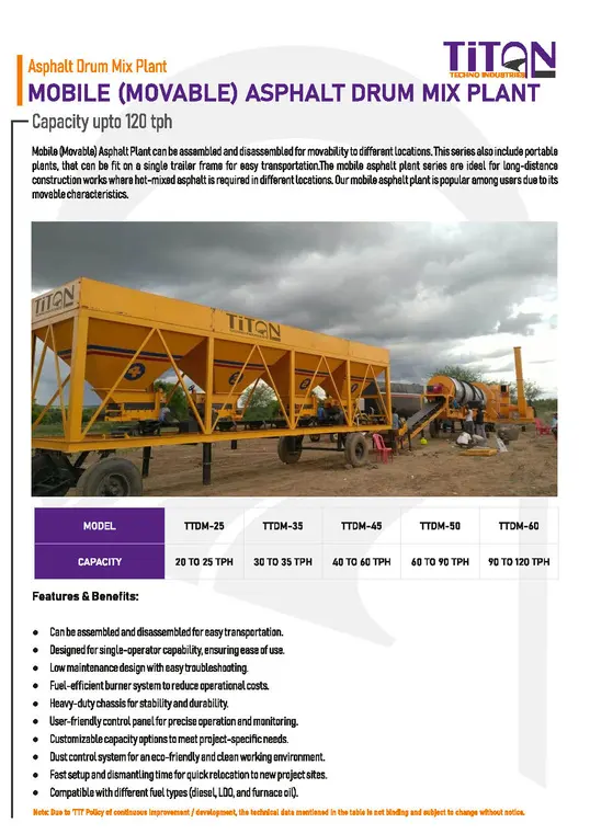 Catalogue sheet for a mobile asphalt drum mix plant