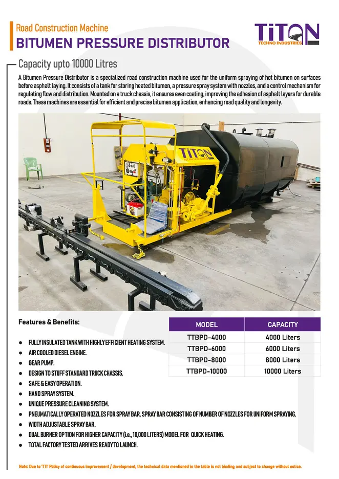 Catalogue sheet for a bitumen pressure distributor