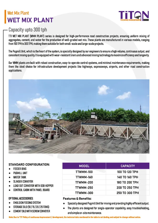 Catalogue sheet for a wet mix plant